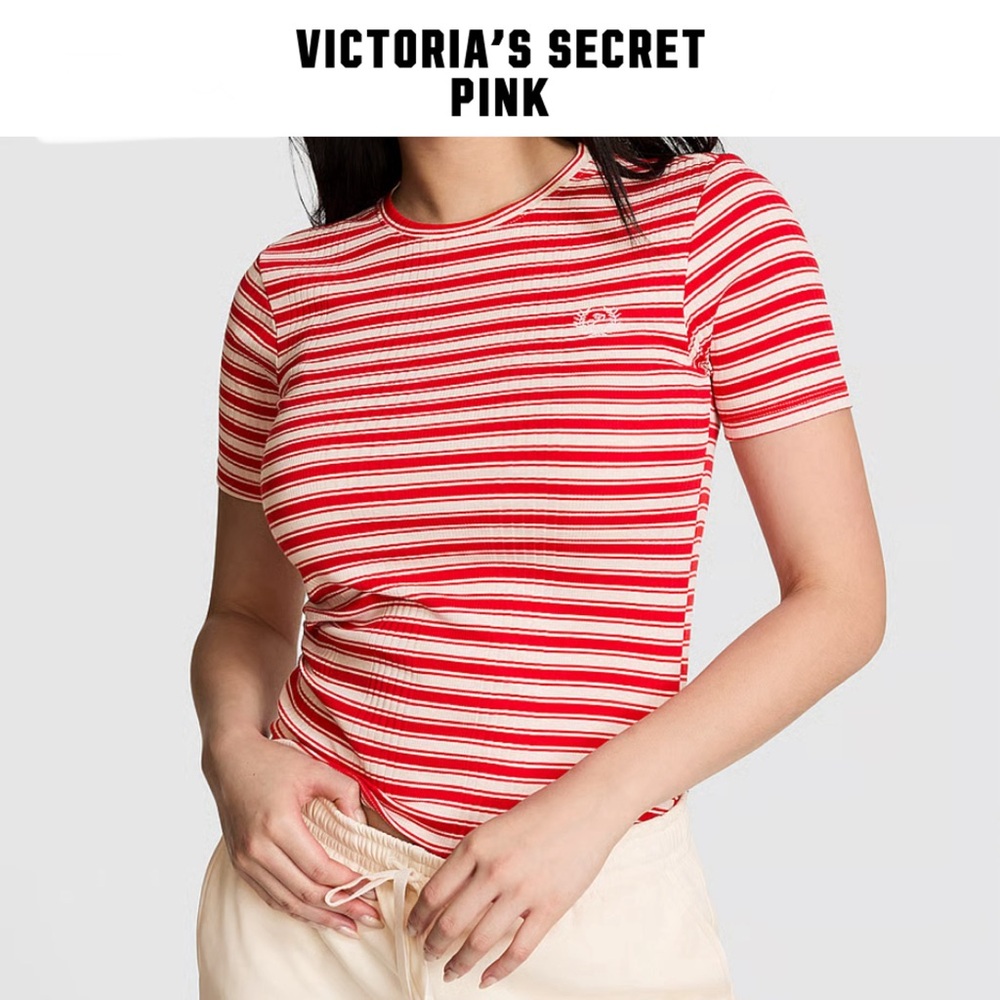 VICTORIA SECRET PINK Fitted rib-knit tee Red Pepper Stripe color size L NWT - Picture 9 of 11